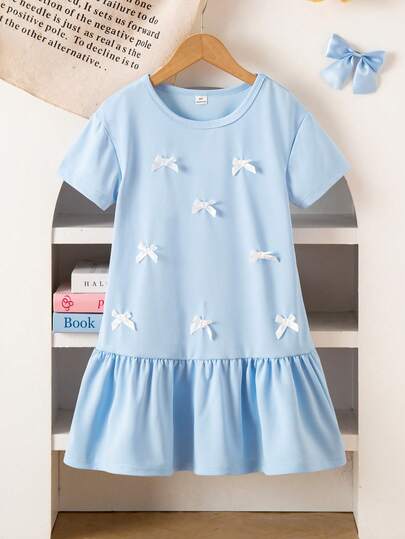 SHEIN ChillGRL Vestido casual cómodo de estilo universitario para niñas jóvenes, con cuello redondo azul, decorado con lazo blanco, ideal para uso en primavera/verano al aire libre