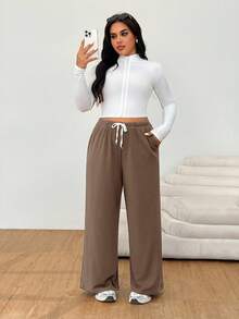 Solflare Plus Size Women Brown Loose Fit Flared Leg Casual Pants With Thermal Lining, Autumn/Winter,Christmas,New Year,Thanksgiving,Party,Wedding,Beach,Graduati,Chic,Elegant,Casual,Going Out,Date,Appointment,Commute - Brown - View 4