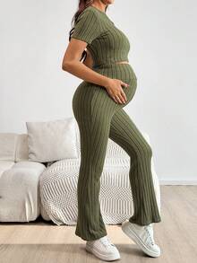 SHEIN 孕婦兩件式居家套裝，橄欖綠羅紋圓領短袖上衣與可調腰圍長褲，日常休閒時尚夏季孕婦服飾 - 軍綠色 - 查看 7