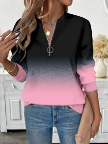 EMERY ROSE Plus Size Women Casual Textured Striped Print Zip-Up Crew Neck Sweatshirt, American Minimalist Style Women Sweatshirts Women Long Sleeve Tops Winter Tops For Women Pullover For Women - Multicolor - View 4