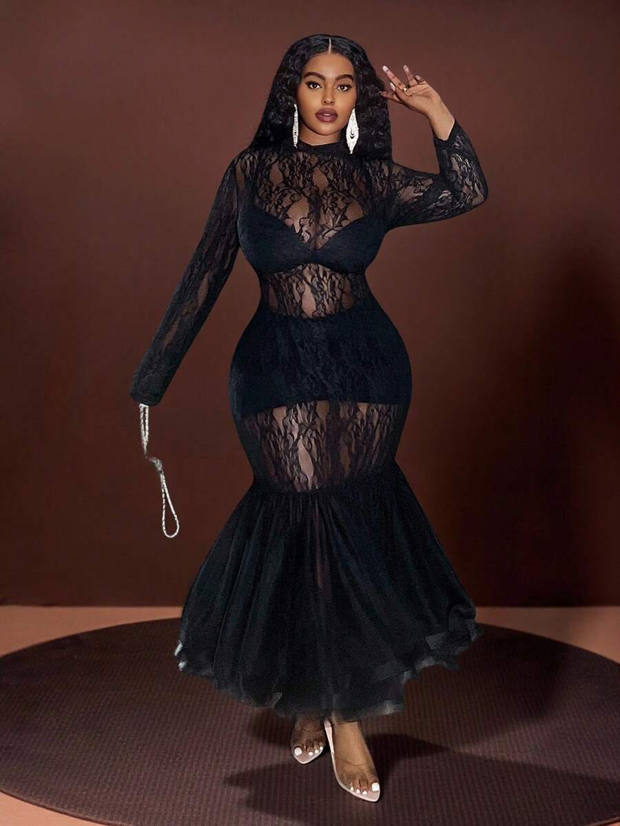 Veslaya 2025 秋冬大码女装，Y2K 街头潮流，斯德哥尔摩风格，约会之夜/派对装，优雅性感透视修身黑色蕾丝立领长袖拉链拼接鱼尾长裙 - 黑色 - 查看 1