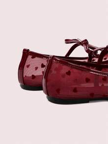 CUCCOO DOLLMOD Women's Fashionable & Elegant Heart Mesh Bow Decor Flats, Suitable For Commuting For Christmas Spring Shoes - Burgundy - View 4