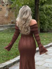 Jeta Ari Trang phục Tea Break ngọt ngào và thanh lịch Đầm maxi trễ vai tay dài Trang phục hẹn hò Đầm hoa 3D - Cà phê nâu - Xem 2