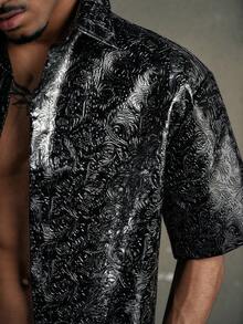 AXEPEAK 男士休闲提花前扣短袖衬衫，夏季款 - 黑色 - 查看 3