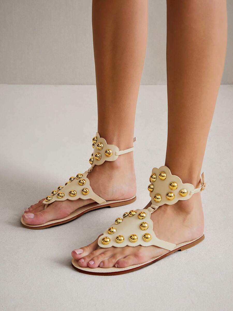 SHUZIA Women's Fashionable Comfortable Metal Ornament Decor Flat Thong Sandals Valentine's Day - White - View 1