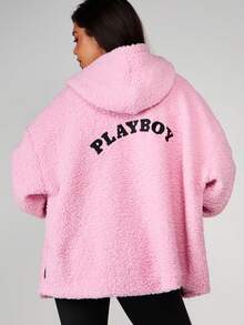 Missguided x Playboy Women Sherpa Fleece Zip Up Jacket With Hood And Front Pockets Logo Fall Winter Outerwear Oversized - Pink - View 1