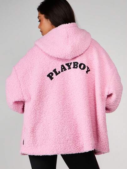 Missguided x Playboy Women Sherpa Fleece Zip Up Jacket With Hood And Front Pockets Logo Fall Winter Outerwear Oversized