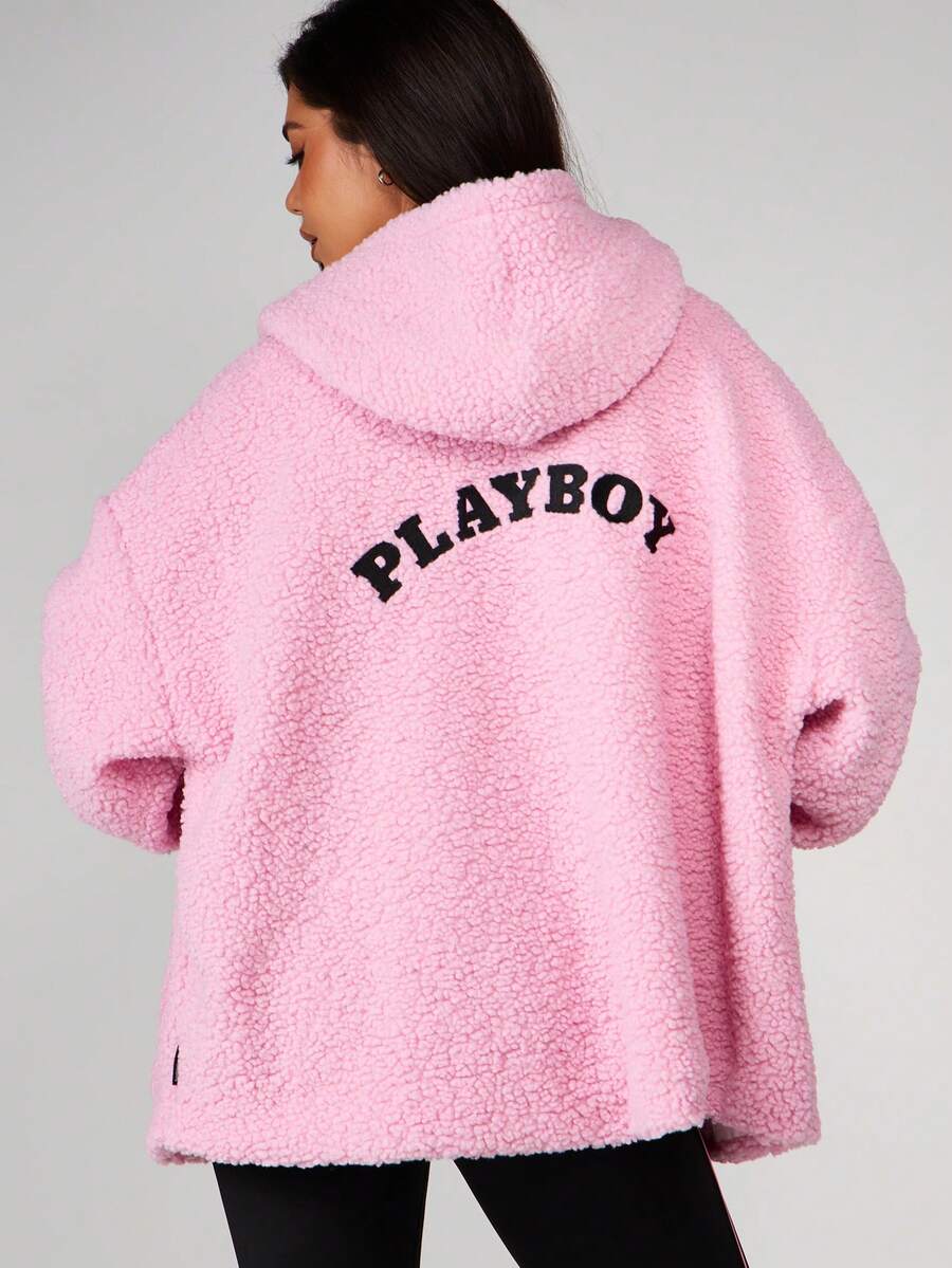 Missguided x Playboy Women Sherpa Fleece Zip Up Jacket With Hood And Front Pockets Logo Fall Winter Outerwear Oversized - Pink - View 1