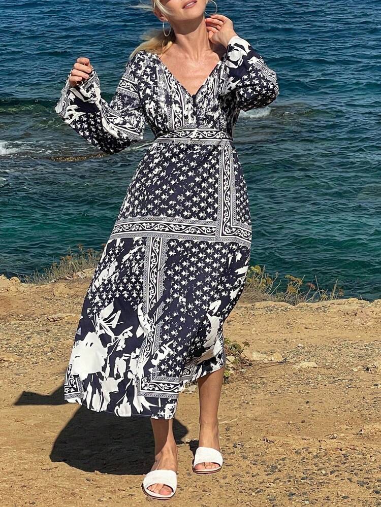 Women's V-Neck Patterned Allover Print Mid-Length Dress Maxi Dress Boho