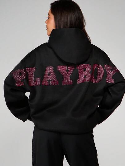 Missguided x Playboy Oversized Black Hoodie With Rhinestone Back Print Long Sleeve Drawstring Centre Pocket Casual Streetwear Winter Fall Sweatshirt