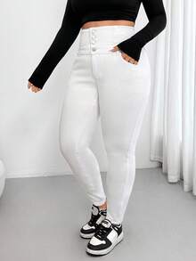 Enliva Obviously_ebony Plus Size Solid Color Front Button Pocket Simple Design Jeans, Casual Daily Wear, For Apple Rounded Body Shape - White - View 7