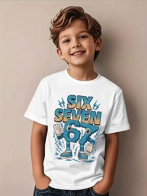Tween Boys' Casual Fashion Comfortable Minimalist Versatile Creative Funny Lightning Personified "67" Letter Graphic All-Match Short Sleeve T-Shirt, Suitable For Spring/Summer Outdoor, Sports, School Wear