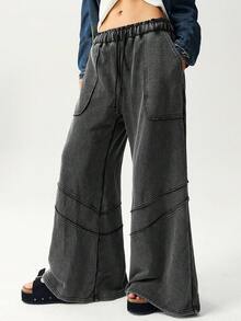 Bohemela Quần ống rộng dệt kim màu trơn thường ngày cho nữ đã giặt - màu đen - Xem 4