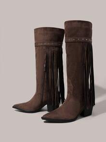 Styleloop Women's Fringe Decor Chunky High Heel Knee-High Boots For Christmas - Coffee Brown - View 3
