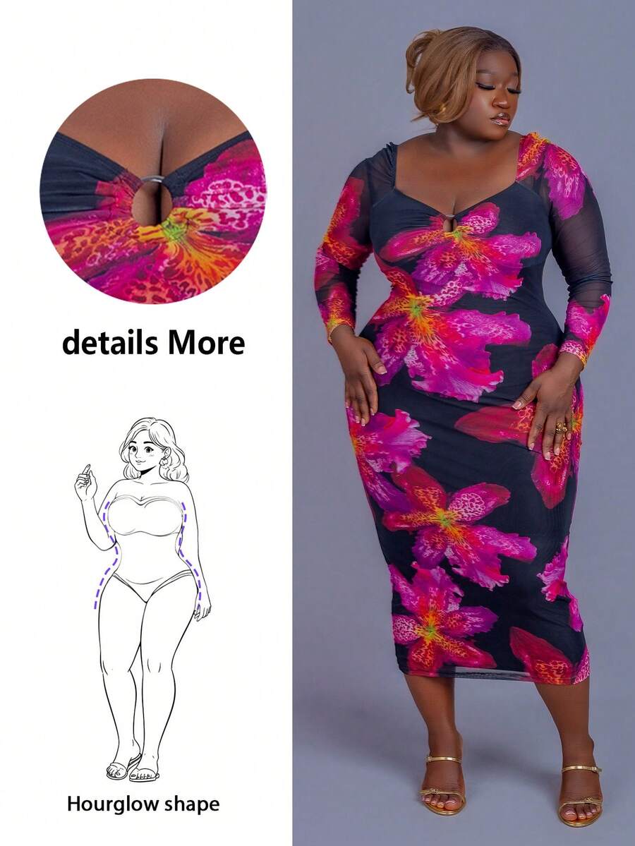 CurvyTilda Fall Clothes For Women,WinterPlus Size Elegant Floral Print Fitted Dress/Autumn /Winter - Black - View 1