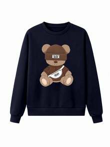 EMERY ROSE Women's Casual Everyday Commute Cartoon Bear Print Dropped Shoulder Loose Sweatshirt, Spring/Autumn - Navy Blue - View 3
