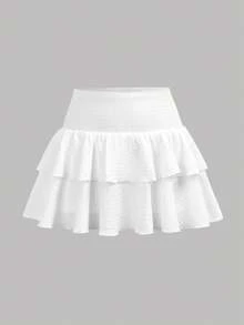 SHEIN 少女休闲、运动、校园、返校季白色层叠荷叶边伞裙 - 白色 - 查看 1