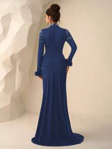 Coutiva 奢华晚礼服，高端正式礼服，优雅女士长袖连衣裙 - 藏蓝色 - 查看 2