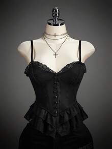 SHEIN ICON Áo camisole nữ màu trơn phối ren ôm sát gợi cảm - màu đen - Xem 4