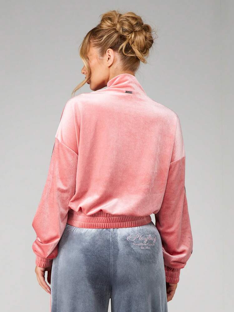 Missguided x Playboy Velour Half Zip Pullover Sweatshirt With Chest Logo And Striped Detailing Oversized Long Sleeve Top For Casual Loungewear