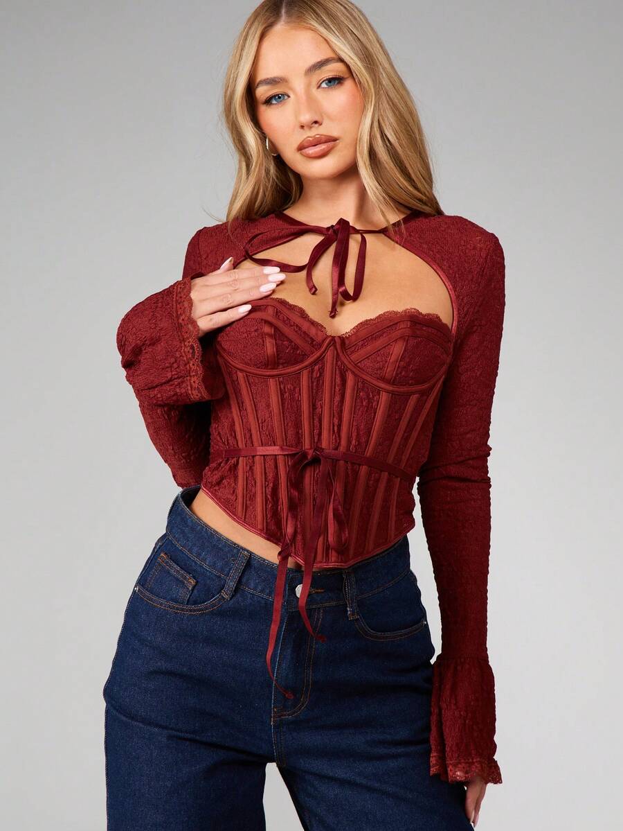 MISSGUIDED Long Sleeve Burgundy Lace Corset Top With Tie Neck Detail And Sweetheart Bustier Design For Fall Winter Elegant Occasions - Rust Brown - View 1