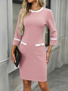 EMERY ROSE Women's Elegant Commuter Color Block Trim Fitted Mid-Length Dress   Valentine Outfits For Women - Pink - View 6