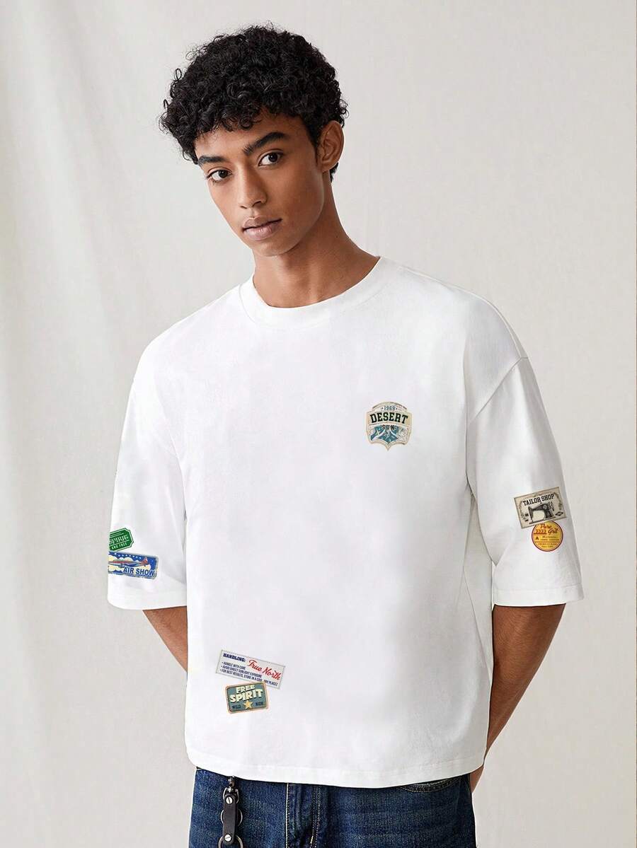 SWAVVY Áo thun nam tay ngắn cắt hộp màu trắng họa tiết đô thị thường ngày, dành cho bạn bè, mùa hè - trắng - Xem 1