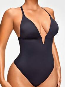 SHEIN Shaping Plunge Deep-V Shapewear Thong Bodysuit Body Shaper Butt Lifter With Adjustable Straps-Tummy Waist Thigh Control - Black - View 5