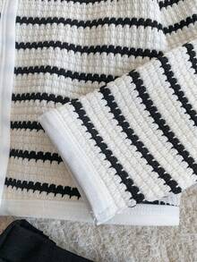 PrepCrw 2pcs Young Girls Elegant Black & White Striped Cardigan & Pleated Mini Skirt Set,Back-To-School,Autumn,Family Matching,Collegiate Casual Clothes Kids - Black and White - View 6