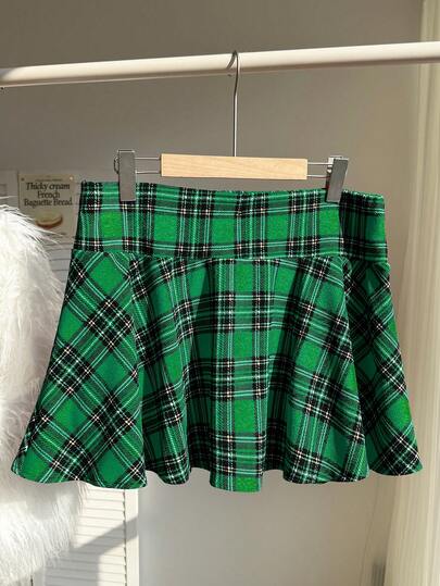 Comfortcana 加大码绿色格子休闲派对迷你裙，带衬里，秋冬季