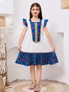 رمضان فستان فضفاض كاجوال للفتيات المراهقات بياقة مستديرة وأكمام قصيرة، مزين بشريط ذهبي وألوان متباينة - الأزرق - مشاهدة 5