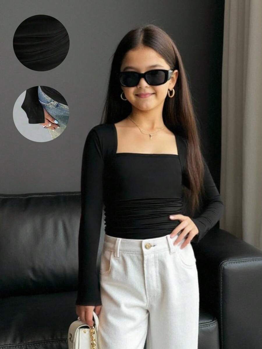 SHEIN 青少年女孩黑色褶皱长袖 T 恤，袖口开衩，腰部褶皱，U 领，方领 T 恤，黑色上衣，适合秋冬 - 黑色 - 查看 1