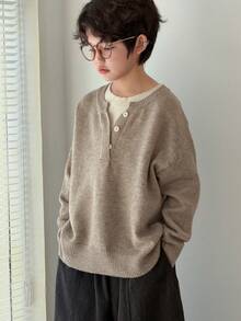 DAZY Tween Boy Button Crew Neck Casual Versatile Long Sleeve Pullover Sweater