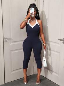 BamGleam Bộ đồ liền thân hở lưng màu tương phản thời trang dành cho nữ, mùa hè - Màu xanh hải quân - Xem 7