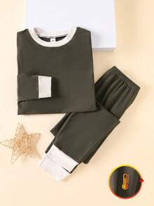 男童打底内衣套装，圆领长袖上衣搭配保暖长裤，橄榄绿白色滚边，松紧腰带，2026秋冬新年必备单品 - 灰色 - 查看 1