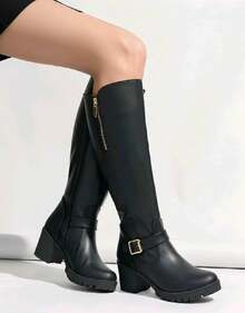Botas largas de mujer hebilla decorativa punta redonda tacón grueso estilo urbano para oficina botas altas - Negro - Ver 2