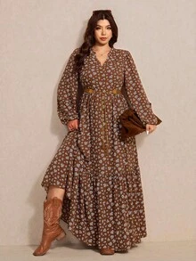Elaquor 大码女式碎花V领灯笼袖休闲连衣裙 - 咖啡棕 - 查看 5