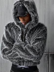 NEON BLANC 男士时尚落肩长袖短款仿毛皮外套，冬季百搭 - 黑色 - 查看 7