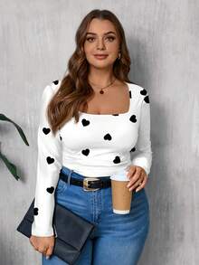 EMERY ROSE Koszulka damska w dużym rozmiarze z nadrukiem w serca, obcisła, z okrągłym dekoltem, swobodny, minimalistyczny design, odpowiednia do noszenia warstwowego lub samodzielnie jesienią/zimą - Wielokolorowe - Zobacz 5