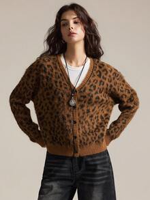 Easelle Cardigan à col en V et boutons femme, imprimé léopard, automne/hiver - Tabac - Voir 3