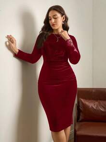 Chikora 大码女式水钻装饰褶皱修身优雅派对长袖连衣裙 - 酒紅色 - 查看 8