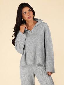 Coeurva Women's Solid Color Zipper Half Placket Dropped Shoulder Long Sleeve Sweater And Knitted Pants Casual Set, Autumn/Winter - Grey - View 6