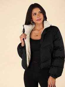 Coeurva Women Zipper Long Sleeve Fashionable Winter Cold-Proof Jacket - Black - View 4