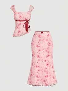 SHEIN MOD 女士印花上衣和裙子两件套 - 粉色 - 查看 2