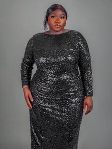 CurvyTilda 大码女式时尚派对亮片露背长袖连衣裙/秋冬 - 黑色 - 查看 4
