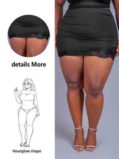 CurvyTilda Plus Size Women's Summer Black Ruched Lace Patchwork Knit Mini Skirt, Bodycon Mini Skirt, Suitable For Daily Dating, Nightclub, Christmas, Thanksgiving, Party, New Year, Elegant, Sexy, Y2K, Valentine's Day, Spring, Beach, Vacation/, For Hourglass Body Shape