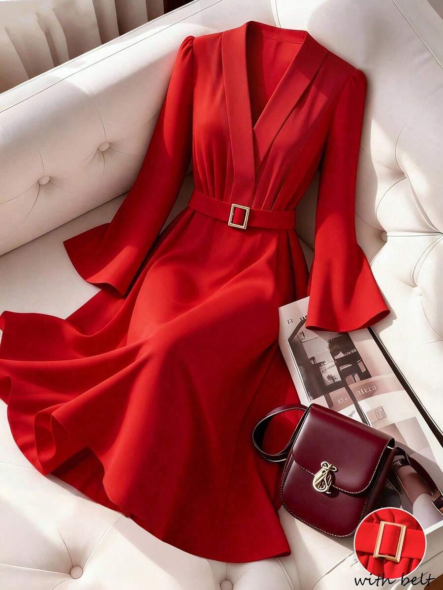 GlowEve CURVE Vestido Elegante Feminino com Cintura Marcada e Manga Flare, Adequado para Uso Diário, Negócios, Encontro Romântico Francês, Festa, Natal, Manga Longa Vermelha - Vermelho - Visão 1