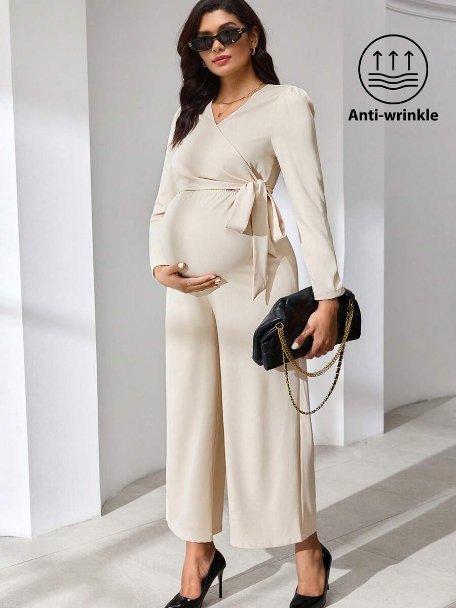 MaterniWear Elegant Maternity Solid Color Tie-Waist Jumpsuit For Commuting - Apricot - View 1