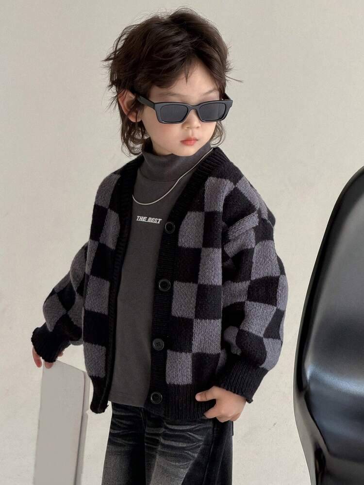 Young Boy Fashionable Street Style Checkered Pattern Dropped Shoulder Loose Button-Up Cardigan, Autumn/Winter