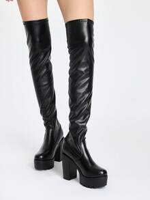 ROMWE Grunge Punk 2025新款秋冬女12cm粗跟过膝靴超高跟防水台弹力皮靴性感 - 黑色 - 查看 2